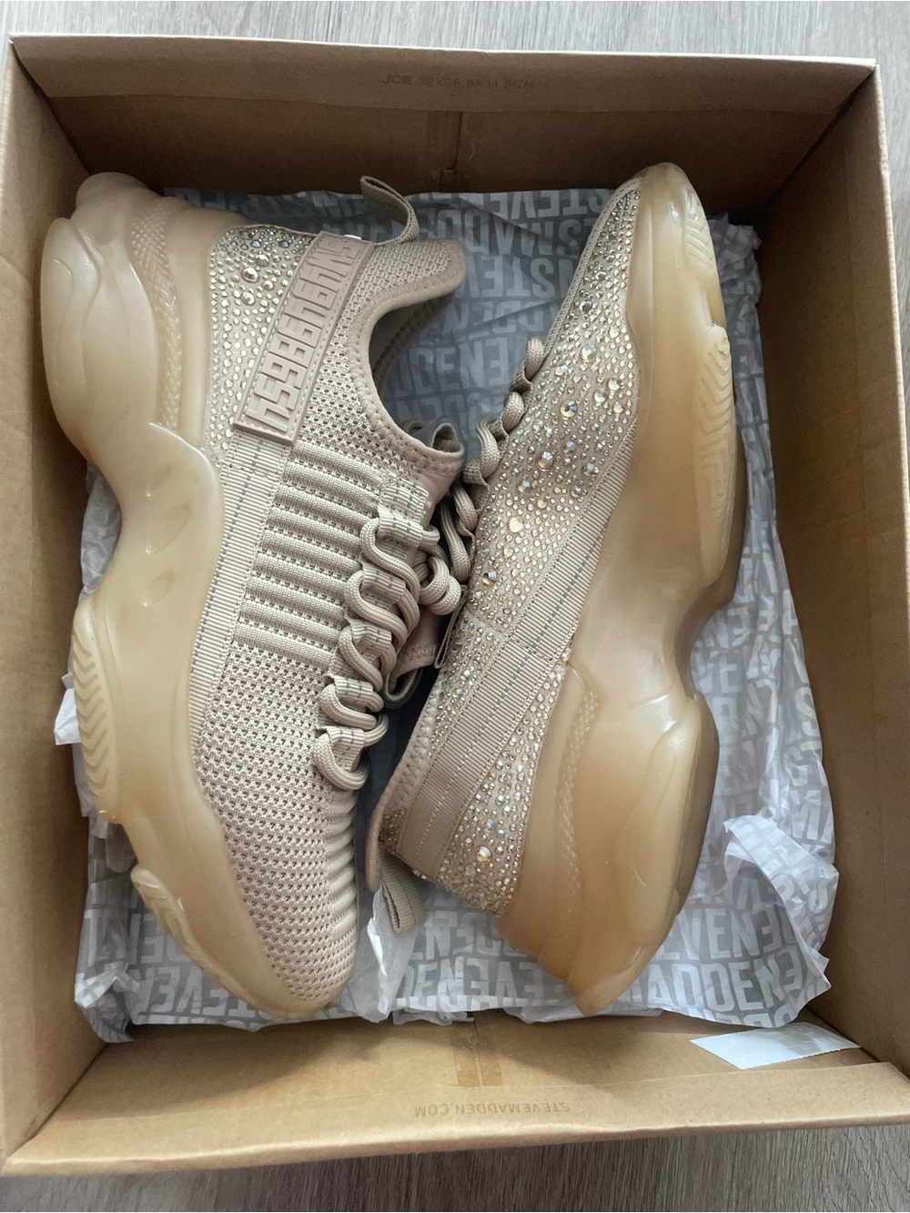 Steve Madden Beige Knit Platform Sneaker with Crystal Accents